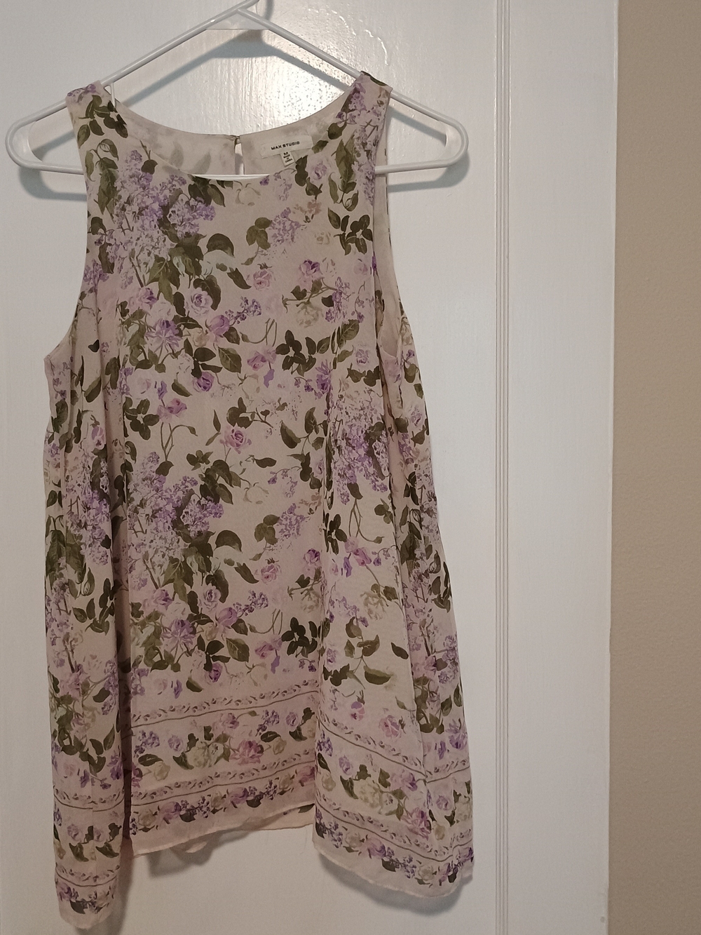 Max Studio Cream Floral Tank with Lavender & Olive Print